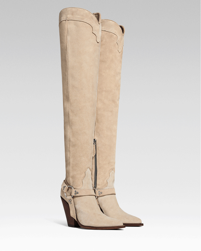 REYNOSA BELT Women's Over The Knee Boots in Sand Suede | Leather Harness